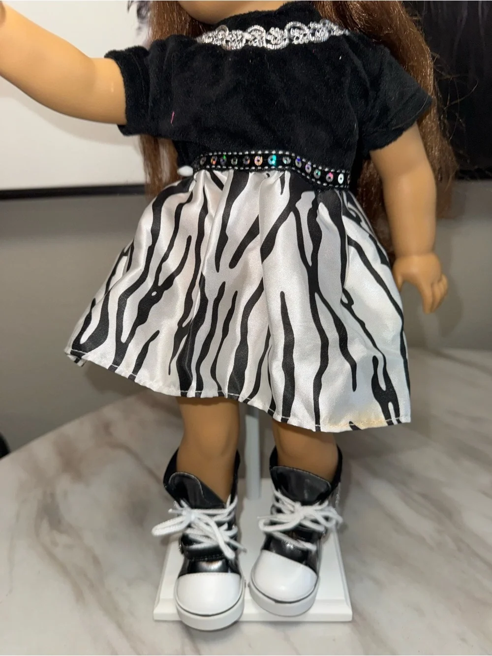 18” dolls black velvet top white black skirt high top black tennis shoes